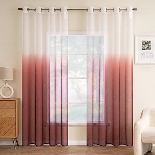 EMEMA Gardinen Transparent Vorhänge Voile Sheer Vorhang mit Ösen Farbverlauf Dekoschal Fensterschal für Schlafzimmer und Wohnzimmer 175 cm x 140 cm(H x B) 2er Set Weiß Rotbraun von EMEMA