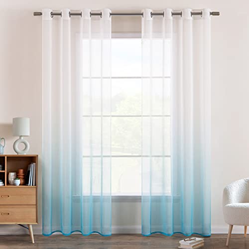 EMEMA Gardinen Transparent Vorhänge Voile Sheer Vorhang mit Ösen Farbverlauf Dekoschal Fensterschal für Schlafzimmer und Wohnzimmer 215 cm x 140 cm(H x B) 2er Set Weiß Blau von EMEMA