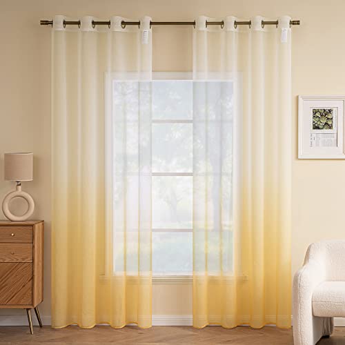 EMEMA Gardinen Transparent Vorhänge Voile Sheer Vorhang mit Ösen Farbverlauf Dekoschal Fensterschal für Schlafzimmer und Wohnzimmer 260 cm x 140 cm(H x B) 2er Set Weiß Orange von EMEMA