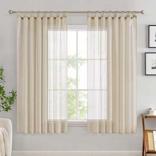EMEMA Gardinen Transparent Vorhang Set Wohnzimmer Voile Schlaufenschal mit Bleibandabschluß 2er-Pack Wohnzimmer Luftig Dekoschal für Schlafzimmer 140 X 175 cm (B x H) Beige von EMEMA