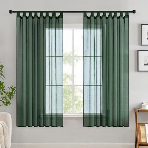EMEMA Gardinen Transparent Vorhang Set Wohnzimmer Voile Schlaufenschal mit Bleibandabschluß 2er-Pack Wohnzimmer Luftig Dekoschal für Schlafzimmer 140 X 175 cm (B x H) Dunkelgrün von EMEMA