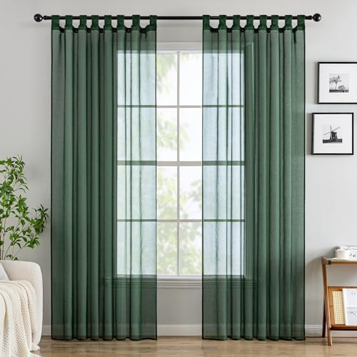 EMEMA Gardinen Transparent Vorhang Set Wohnzimmer Voile Schlaufenschal mit Bleibandabschluß 2er-Pack Wohnzimmer Luftig Dekoschal für Schlafzimmer 140 X 245 cm (B x H) Dunkelgrün von EMEMA