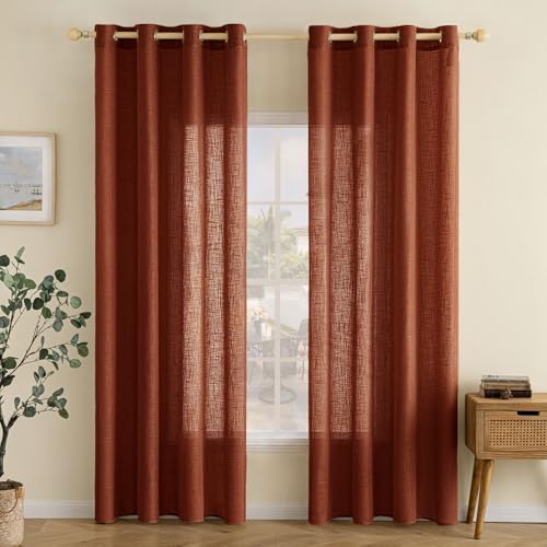 EMEMA Gardinen Vorhänge Leinenvorhang mit Ösen Voile Vorhang Leinenoptik Modern Halbtransparent für Wohnzimmer Dekoschal Kinderzimmer Schlaufenschal Küchengardinen 2er Set 140x175cm (BxH) Ziegelrot von EMEMA