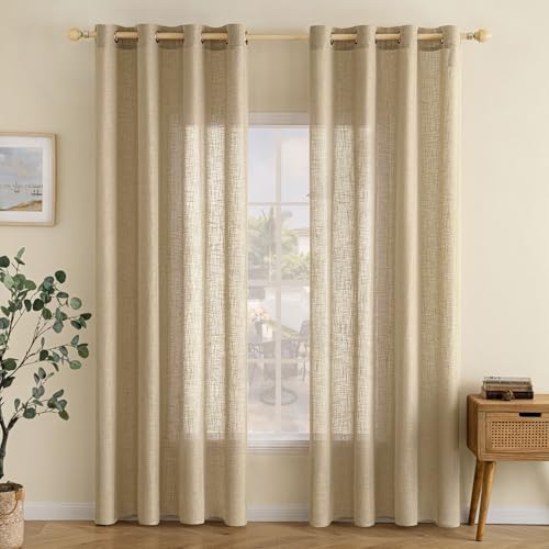 EMEMA Gardinen Vorhänge Leinenvorhang mit Ösen Voile Vorhang Leinenoptik Modern Halbtransparent für Wohnzimmer Dekoschal Kinderzimmer Schlaufenschal Küchengardinen 2er Set 140x175cm (BxH) Dunkelbraun von EMEMA