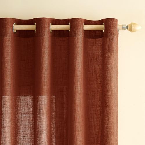 EMEMA Gardinen Vorhänge Leinenvorhang mit Ösen Voile Vorhang Leinenoptik Modern Halbtransparent für Wohnzimmer Dekoschal Kinderzimmer Schlaufenschal Küchengardinen 2er Set 140x215cm (BxH) Ziegelrot von EMEMA