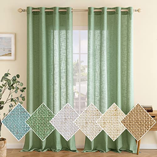 EMEMA Gardinen Vorhänge Leinenvorhang mit Ösen Voile Vorhang Leinenoptik Modern Halbtransparent für Wohnzimmer Dekoschal Kinderzimmer Schlaufenschal Küchengardinen 2er Set 140x215cm (BxH) Grün von EMEMA