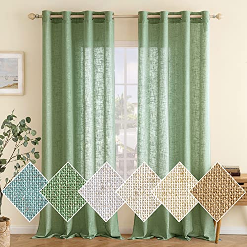 EMEMA Gardinen Vorhänge Leinenvorhang mit Ösen Voile Vorhang Leinenoptik Modern Halbtransparent für Wohnzimmer Dekoschal Kinderzimmer Schlaufenschal Küchengardinen 2er Set 140x245cm (BxH) Grün von EMEMA