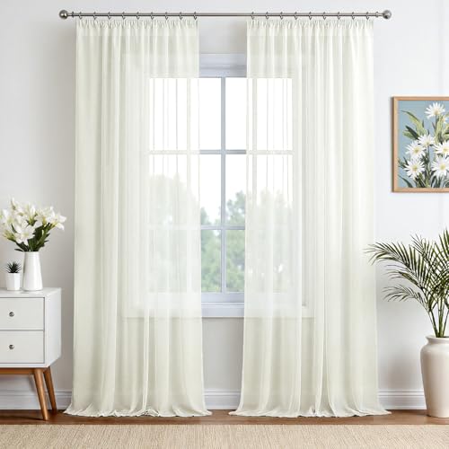 EMEMA Gardinen Vorhänge mit Kräuselband Vorhang Transparente Gardine aus Einfarbig Transparent Sheer Voile Wohnzimmer Luftig Dekoschal für Schlafzimmer 2er Set 160 x 140cm (H x B) Elfenbein von EMEMA