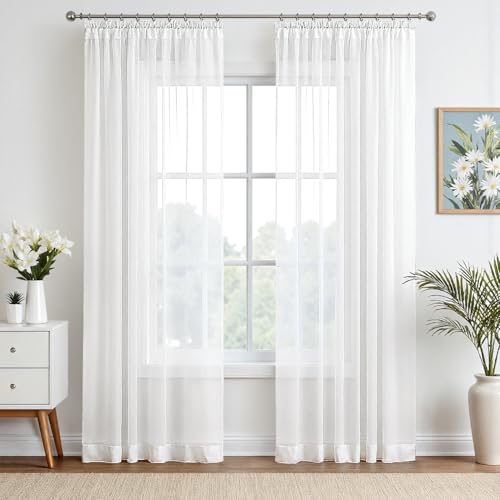 EMEMA Gardinen Vorhänge mit Kräuselband Vorhang Transparente Gardine aus Einfarbig Transparent Sheer Voile Wohnzimmer Luftig Dekoschal für Schlafzimmer 2er Set 215 x 140cm (H x B) Weiß von EMEMA