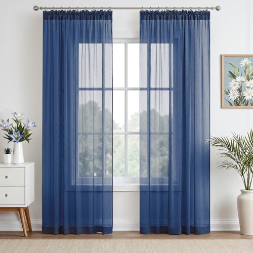 EMEMA Gardinen Vorhänge mit Kräuselband Vorhang Transparente Gardine aus Einfarbig Transparent Sheer Voile Wohnzimmer Luftig Dekoschal für Schlafzimmer 2er Set 225 x 140cm (H x B) Dunkelblau von EMEMA
