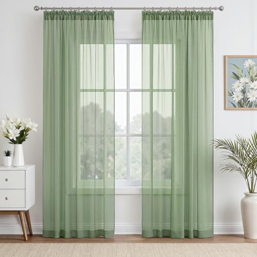 EMEMA Gardinen Vorhänge mit Kräuselband Vorhang Transparente Gardine aus Einfarbig Transparent Sheer Voile Wohnzimmer Luftig Dekoschal für Schlafzimmer 2er Set 225 x 140cm (H x B) Grau Grün von EMEMA