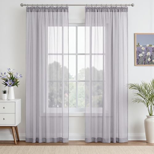 EMEMA Gardinen Vorhänge mit Kräuselband Vorhang Transparente Gardine aus Einfarbig Transparent Sheer Voile Wohnzimmer Luftig Dekoschal für Schlafzimmer 2er Set 225 x 140cm (H x B) Hellgrau von EMEMA