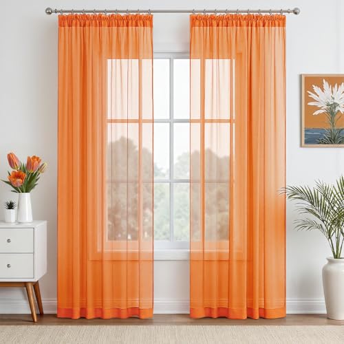 EMEMA Gardinen Vorhänge mit Kräuselband Vorhang Transparente Gardine aus Einfarbig Transparent Sheer Voile Wohnzimmer Luftig Dekoschal für Schlafzimmer 2er Set 225 x 140cm (H x B) Orange von EMEMA