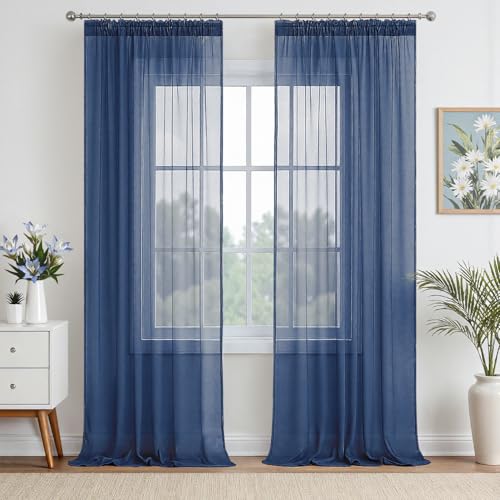 EMEMA Gardinen Vorhänge mit Kräuselband Vorhang Transparente Gardine aus Einfarbig Transparent Sheer Voile Wohnzimmer Luftig Dekoschal für Schlafzimmer 2er Set 245 x 140cm (H x B) Dunkelblau von EMEMA