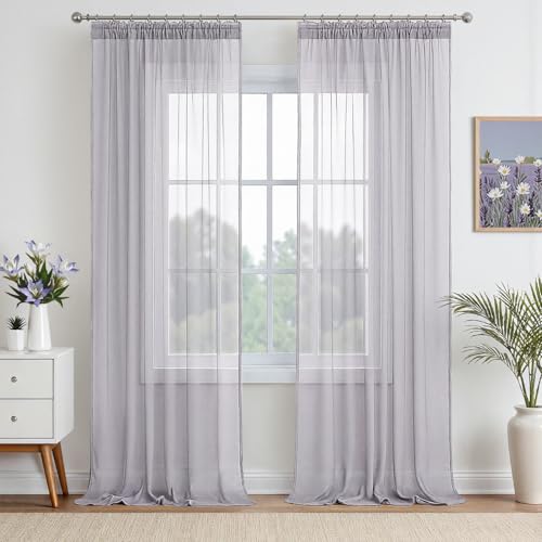 EMEMA Gardinen Vorhänge mit Kräuselband Vorhang Transparente Gardine aus Einfarbig Transparent Sheer Voile Wohnzimmer Luftig Dekoschal für Schlafzimmer 2er Set 245 x 140cm (H x B) Hellgrau von EMEMA