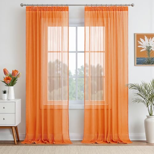 EMEMA Gardinen Vorhänge mit Kräuselband Vorhang Transparente Gardine aus Einfarbig Transparent Sheer Voile Wohnzimmer Luftig Dekoschal für Schlafzimmer 2er Set 245 x 140cm (H x B) Orange von EMEMA