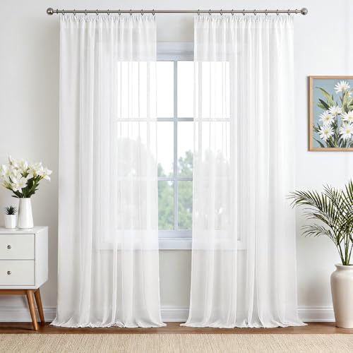 EMEMA Gardinen Vorhänge mit Kräuselband Vorhang Transparente Gardine aus Einfarbig Transparent Sheer Voile Wohnzimmer Luftig Dekoschal für Schlafzimmer 2er Set 260 x 140cm (H x B) Weiß von EMEMA