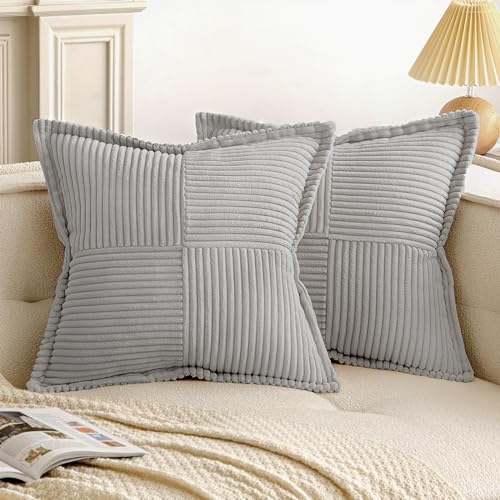 EMEMA Kordsamt Kissenbezüge Weich Dekokissen Dekorativ Kissenbezug 40x40 cm Kissenhülle Sofakissen Zierkissen Couchkissen 2er Set für Wohnzimmer Schlafzimmer Hellgrau von EMEMA