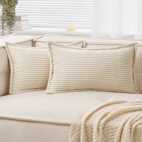 EMEMA Kordsamt Kissenbezug Weiche Kissenhülle Dekorative Sofakissen 30x50 cm 2er Set Dekokissen Moderne Zierkissenbezug Gestreifte Kissenbezüge für Wohnzimmer Schlafzimmer Creme von EMEMA