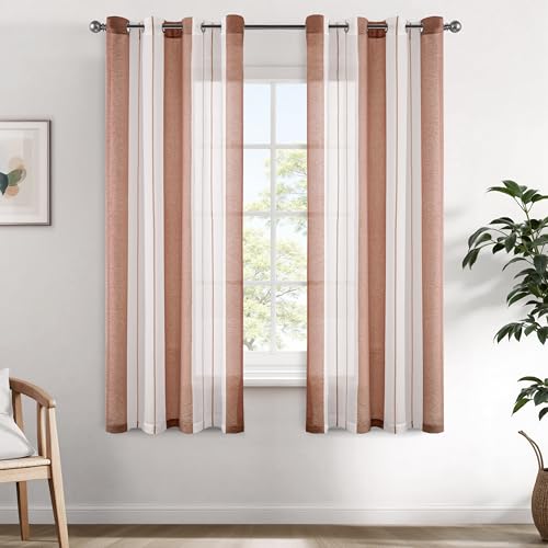 EMEMA Kurz Vorhänge mit Ösen Kaffee-Weiss Streifen Voile Gardinen Moderner Wohnzimmer 2er Set Stores Schals mit Ösenschal Halbtransparent Dekorieren Schlafzimmer Vorhang 140x145cm von EMEMA