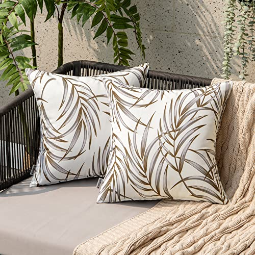 EMEMA Outdoor Kissenbezug Wasserdicht Blattmuster Dekokissen Wasserfeste Kissenbezüge Kissenhülle Zierkissen Couchkissen Bezug für Sofa Couch Schlafzimmer 2er Set 45x45 cm Braun-grau von EMEMA