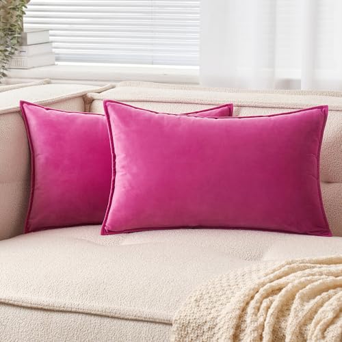 EMEMA Samt Kissenbezug Kissenhülle 30x50 cm Dekorative Sofakissen Dekokissen Umwickelte Kante 2er Set Kissenbezüge Zierkissenbezug für Sofa Wohnzimmer Schlafzimmer Rose Rot von EMEMA