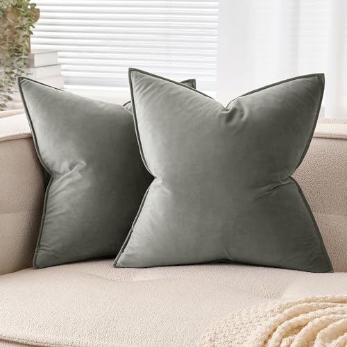 EMEMA Samt Kissenbezug Kissenhülle 40x40 cm Dekorative Sofakissen Dekokissen Umwickelte Kante 2er Set Kissenbezüge Zierkissenbezug für Sofa Wohnzimmer Schlafzimmer Hellgrau von EMEMA