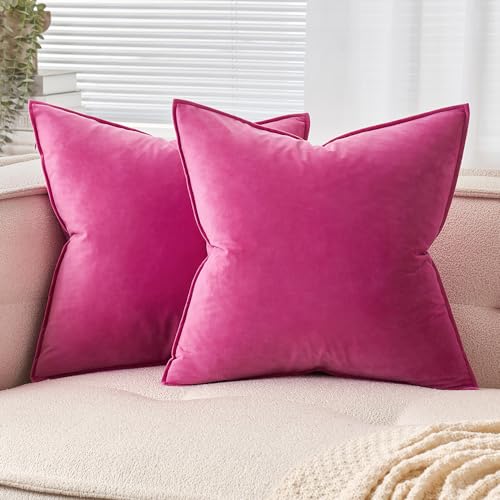 EMEMA Samt Kissenbezug Kissenhülle 40x40 cm Dekorative Sofakissen Dekokissen Umwickelte Kante 2er Set Kissenbezüge Zierkissenbezug für Sofa Wohnzimmer Schlafzimmer Rose Rot von EMEMA