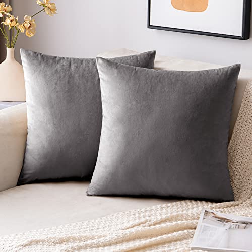 EMEMA Samt Kissenbezug Kissenhülle 50x50 cm Dekorative Dekokissen Grau Sofakissen Lendenkissen Wurfkissenbezug mit Verstecktem Reißverschluss Schlafzimmer Sofa 2er Set von EMEMA