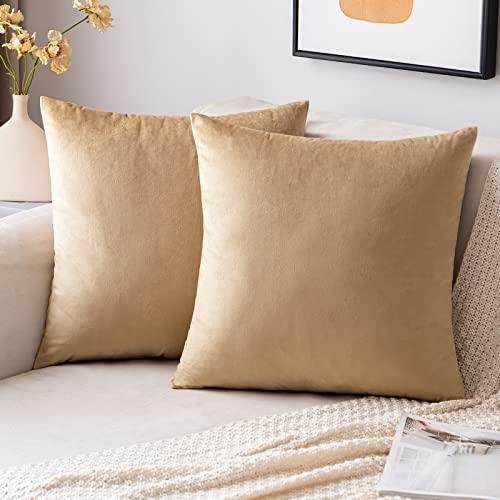 EMEMA Samt Kissenbezug Kissenhülle Dekorative Dekokissen Sofakissen Lendenkissen Wurfkissenbezug mit Verstecktem Reißverschluss Schlafzimmer Sofa 2er Set 40x40 cm Khaki von EMEMA