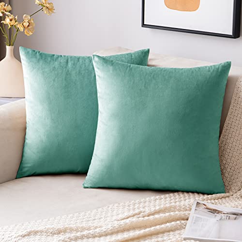 EMEMA Samt Kissenbezug Kissenhülle Dekorative Dekokissen Sofakissen Lendenkissen Wurfkissenbezug mit Verstecktem Reißverschluss Schlafzimmer Sofa 2er Set 45x45 cm Grünlichesblau von EMEMA