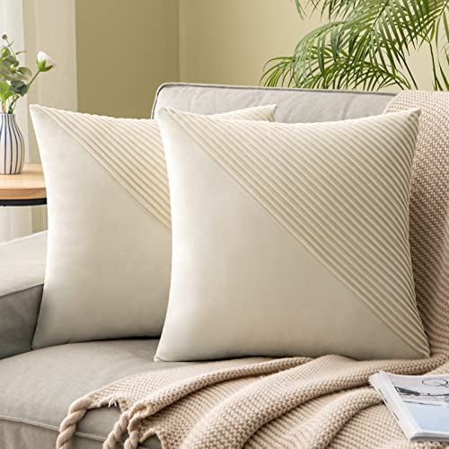 EMEMA Samt Kissenbezug Streifen Dekorative Sofakissen Dekokissen Kissenhülle Kissenbezüge Couchkissen Kissen Zierkissen Samtkissen für Couch Sofa Wohnzimmer 2er Set 40x40 cm Milchweiß von EMEMA