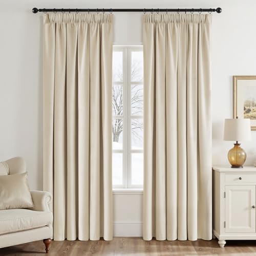 EMEMA Samtvorhang mit Kräuselband Beige Samt Gardinen Deko Blickdichte Vorhänge 2er Set, Schöne Dicke und Schwere Wohnzimmer Schlafzimmer Verdunkelung Thermovorhang Samt kräuselband, H225xB140 cm von EMEMA