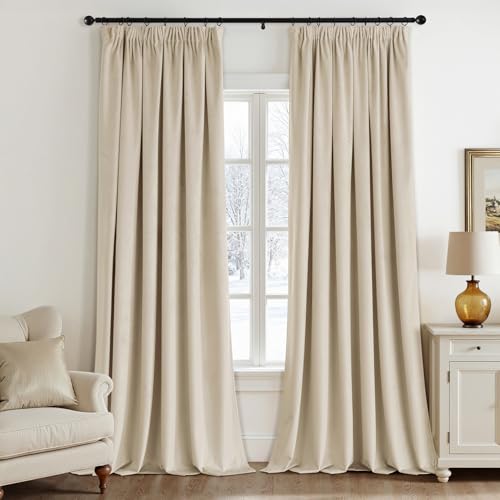 EMEMA Samtvorhang mit Kräuselband Beige Samt Gardinen Deko Blickdichte Vorhänge 2er Set, Schöne Dicke und Schwere Wohnzimmer Schlafzimmer Verdunkelung Thermovorhang Samt kräuselband, H245xB140 cm von EMEMA