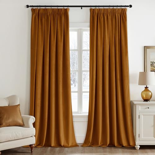 EMEMA Samtvorhang mit Kräuselband Brun Doré Samt Gardinen Deko Blickdichte Vorhänge 2er Set, Schöne Dicke und Schwere Wohnzimmer Schlafzimmer Verdunkelung Thermovorhang Samt kräuselband, H245xB140 cm von EMEMA