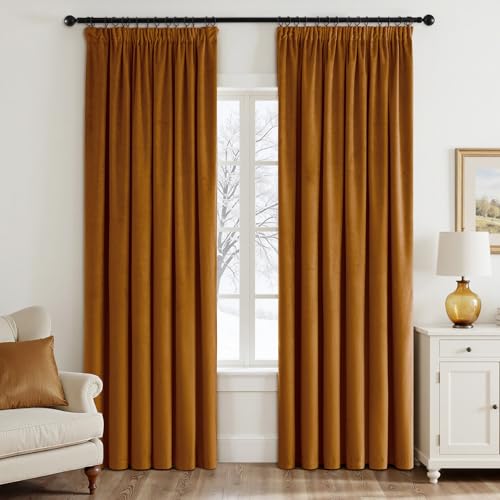 EMEMA Samtvorhang mit Kräuselband Brun Doré Samt Gardinen Deko Blickdichte Vorhänge 2er Set, Schöne Dicke und Schwere Wohnzimmer Schlafzimmer Verdunkelung Thermovorhang Samt kräuselband, H225xB140 cm von EMEMA