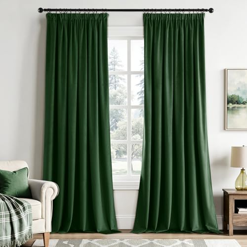 EMEMA Samtvorhang mit Kräuselband Dunkelgrün Samt Gardinen Deko Blickdichte Vorhänge 2er Set, Schöne Dicke und Schwere Wohnzimmer Schlafzimmer Verdunkelung Thermovorhang Samt kräuselband, H245xB140 cm von EMEMA