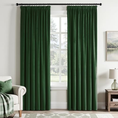 EMEMA Samtvorhang mit Kräuselband Dunkelgrün Samt Gardinen Deko Blickdichte Vorhänge 2er Set, Schöne Dicke und Schwere Wohnzimmer Schlafzimmer Verdunkelung Thermovorhang Samt kräuselband, H225xB140 cm von EMEMA