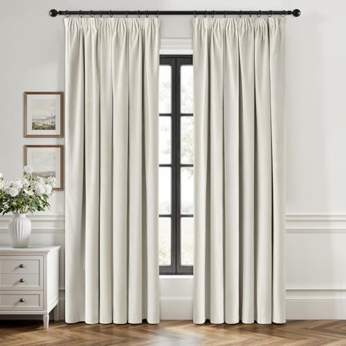 EMEMA Samtvorhang mit Kräuselband Elfenbeinweiß Samt Gardinen Blickdichte Vorhänge 2er Set Schöne Dicke und Schwere Wohnzimmer Schlafzimmer Verdunkelung Thermovorhang Samt kräuselband, H225xB140 cm von EMEMA