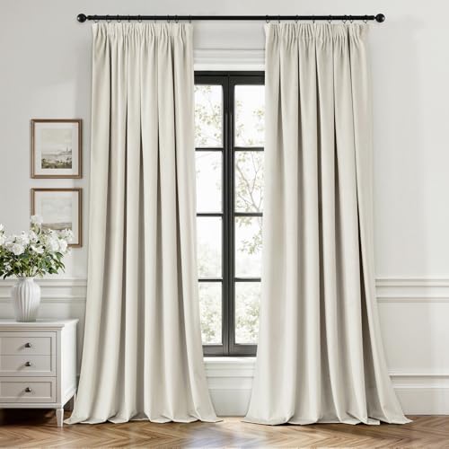 EMEMA Samtvorhang mit Kräuselband Elfenbeinweiß Samt Gardinen Blickdichte Vorhänge 2er Set Schöne Dicke und Schwere Wohnzimmer Schlafzimmer Verdunkelung Thermovorhang Samt kräuselband, H300xB140 cm von EMEMA