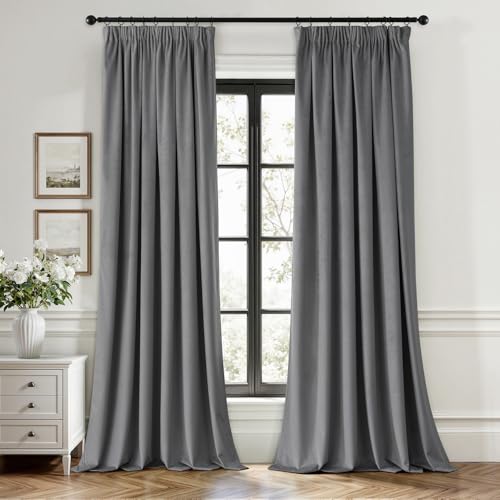 EMEMA Samtvorhang mit Kräuselband Grau Samt Gardinen Deko Blickdichte Vorhänge 2er Set, Schöne Dicke und Schwere Wohnzimmer Schlafzimmer Verdunkelung Thermovorhang Samt kräuselband, H245xB140 cm von EMEMA