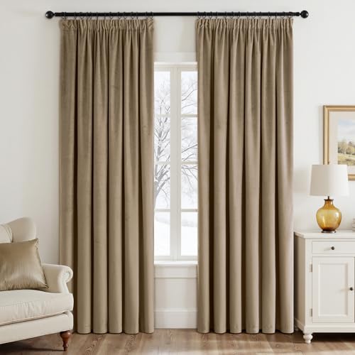 EMEMA Samtvorhang mit Kräuselband H-beige Samt Gardinen Deko Blickdichte Vorhänge 2er Set, Schöne Dicke und Schwere Wohnzimmer Schlafzimmer Verdunkelung Thermovorhang Samt kräuselband, H225xB140 cm von EMEMA