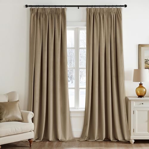 EMEMA Samtvorhang mit Kräuselband H-beige Samt Gardinen Deko Blickdichte Vorhänge 2er Set, Schöne Dicke und Schwere Wohnzimmer Schlafzimmer Verdunkelung Thermovorhang Samt kräuselband, H300xB140 cm von EMEMA