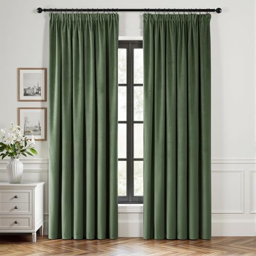 EMEMA Samtvorhang mit Kräuselband MatchaGrün Samt Gardinen Deko Blickdichte Vorhänge 2er Set, Schöne Dicke und Schwere Wohnzimmer Schlafzimmer Verdunkelung Thermovorhang Samt kräuselband, H225xB140 cm von EMEMA