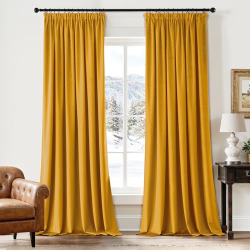 EMEMA Samtvorhang mit Kräuselband Senfgelb Samt Gardinen Deko Blickdichte Vorhänge 2er Set, Schöne Dicke und Schwere Wohnzimmer Schlafzimmer Verdunkelung Thermovorhang Samt kräuselband, H245xB140 cm von EMEMA