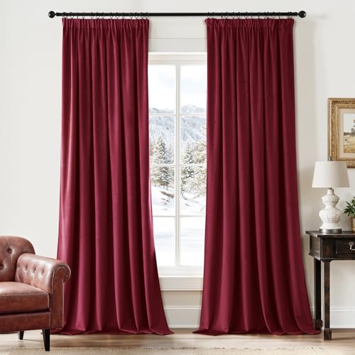 EMEMA Samtvorhang mit Kräuselband Weinrot Samt Gardinen Deko Blickdichte Vorhänge 2er Set, Schöne Dicke und Schwere Wohnzimmer Schlafzimmer Verdunkelung Thermovorhang Samt kräuselband, H245xB140 cm von EMEMA