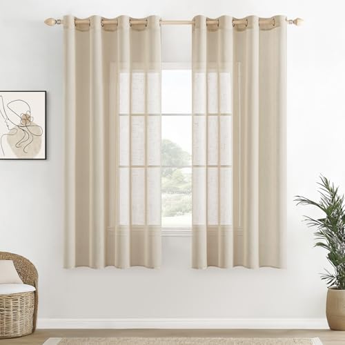 EMEMA Voile Vorhang Sheer Leinenvorhang Transparente Leinen Gardinen Ösenschal Wohnzimmer Wohnzimmer Modern 2er Set Fensterschal Dekoschal Schlafzimmer mit Ösen 140 x 145cm (B x H) Beige von EMEMA