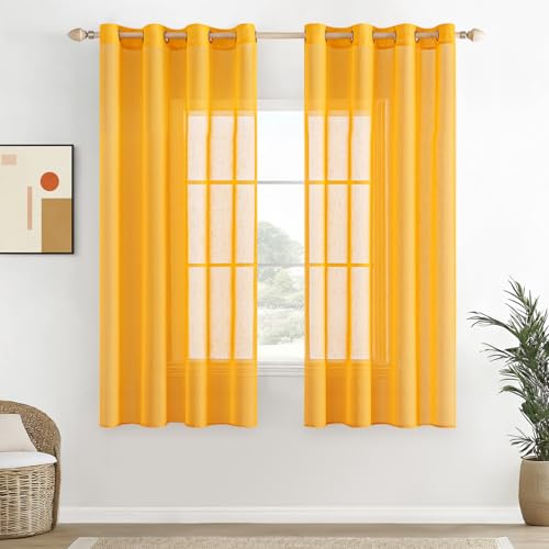 EMEMA Voile Vorhang Sheer Leinenvorhang Transparente Leinen Gardinen Ösenschal Wohnzimmer Wohnzimmer Modern 2er Set Fensterschal Dekoschal Schlafzimmer mit Ösen 140 x 145cm (B x H) Gelb von EMEMA