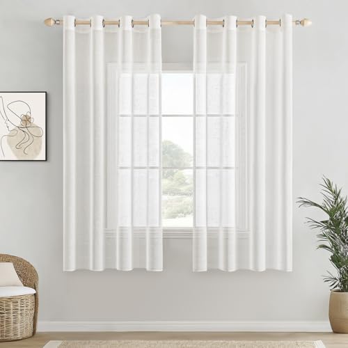 EMEMA Voile Vorhang Sheer Leinenvorhang Transparente Leinen Gardinen Ösenschal Wohnzimmer Wohnzimmer Modern 2er Set Fensterschal Dekoschal Schlafzimmer mit Ösen 140 x 145cm (B x H) Weiß von EMEMA