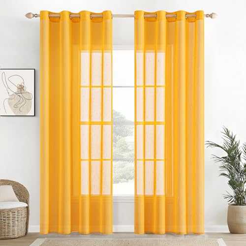 EMEMA Voile Vorhang Sheer Leinenvorhang Transparente Leinen Gardinen Ösenschal Wohnzimmer Wohnzimmer Modern 2er Set Fensterschal Dekoschal Schlafzimmer mit Ösen 140 x 225cm (B x H) Gelb von EMEMA